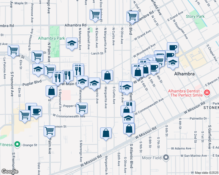 map of restaurants, bars, coffee shops, grocery stores, and more near 33 Marguerita Avenue in Alhambra