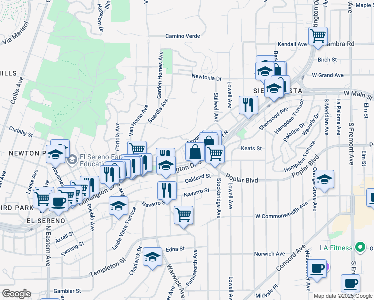 map of restaurants, bars, coffee shops, grocery stores, and more near 5366 Huntington Drive North in Los Angeles