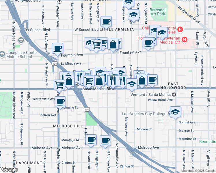 map of restaurants, bars, coffee shops, grocery stores, and more near 5150 Santa Monica Boulevard in Los Angeles