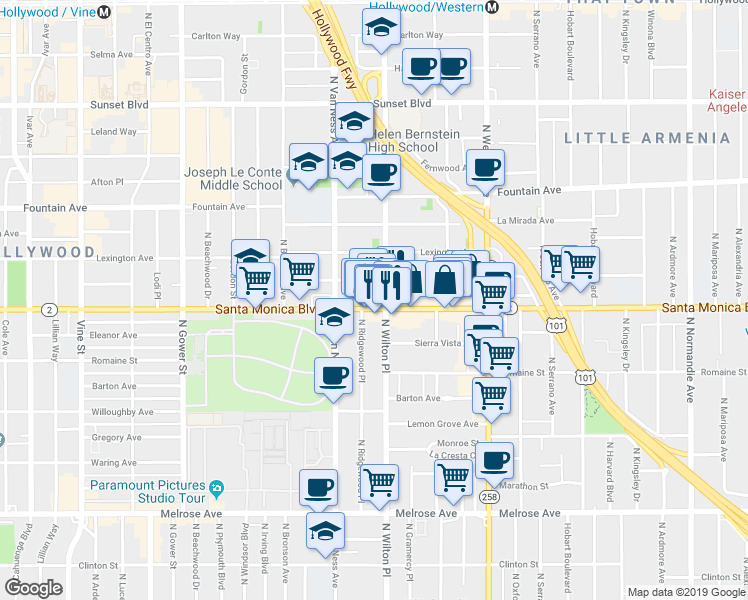 map of restaurants, bars, coffee shops, grocery stores, and more near in Los Angeles