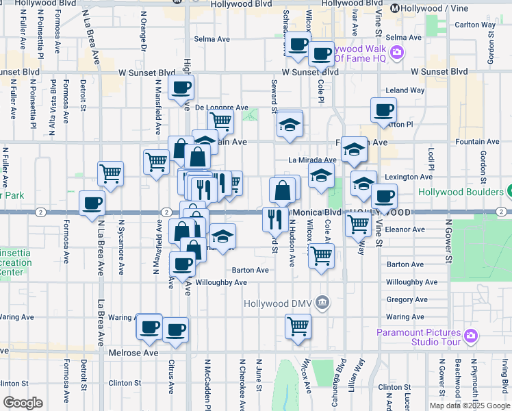 map of restaurants, bars, coffee shops, grocery stores, and more near 6648 Santa Monica Boulevard in Los Angeles