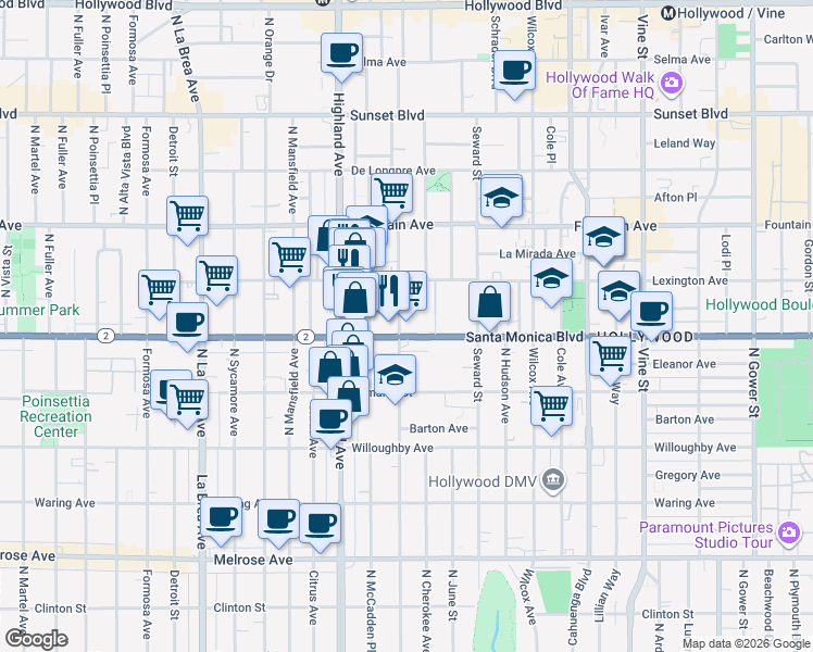 map of restaurants, bars, coffee shops, grocery stores, and more near in Los Angeles