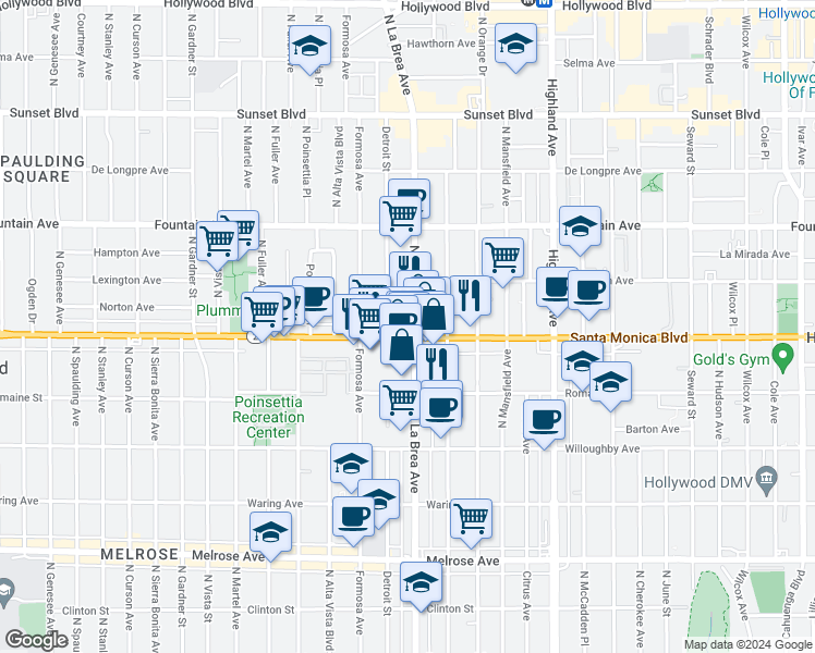 map of restaurants, bars, coffee shops, grocery stores, and more near in West Hollywood