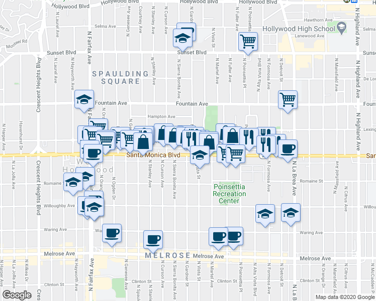 map of restaurants, bars, coffee shops, grocery stores, and more near 7496 Santa Monica Boulevard in West Hollywood
