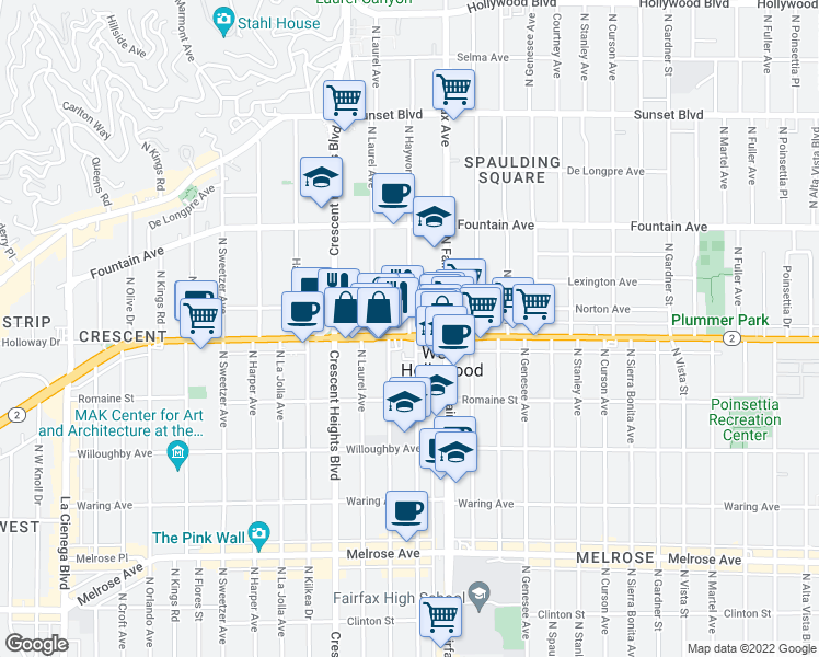 map of restaurants, bars, coffee shops, grocery stores, and more near 7960 Santa Monica Boulevard in West Hollywood