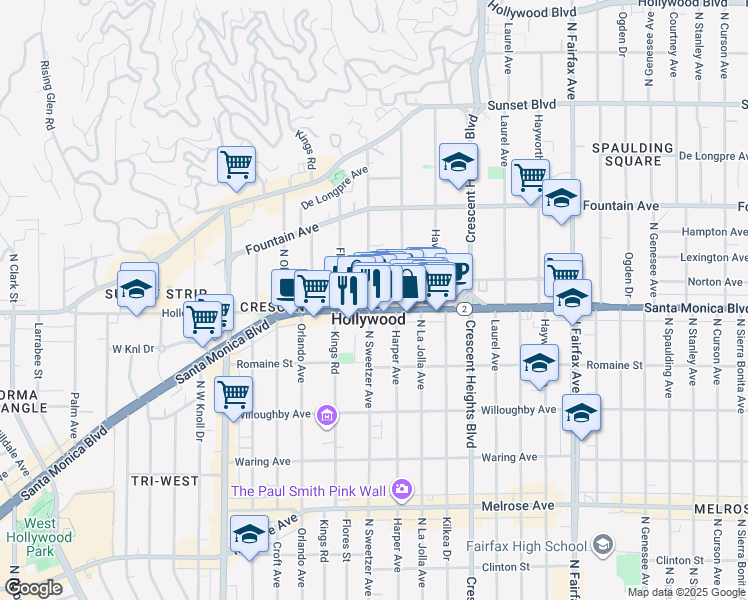 map of restaurants, bars, coffee shops, grocery stores, and more near 8278 Santa Monica Boulevard in West Hollywood