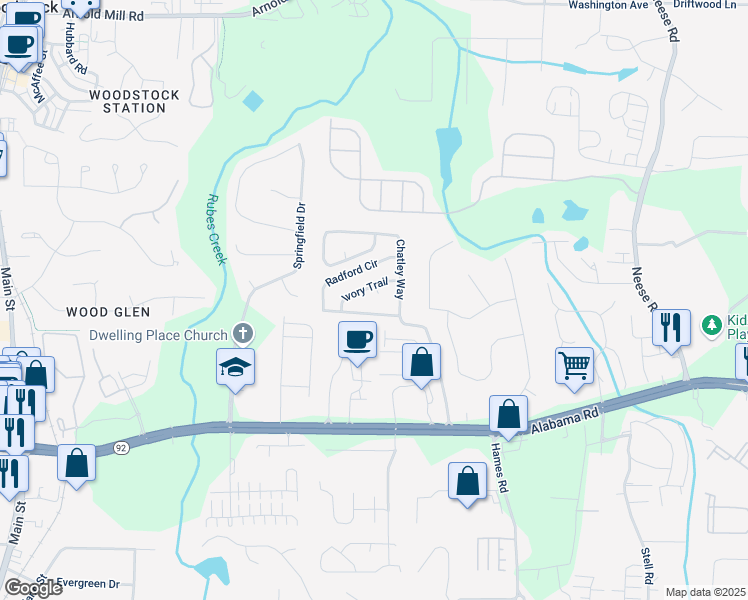 map of restaurants, bars, coffee shops, grocery stores, and more near 504 Radford Court in Woodstock