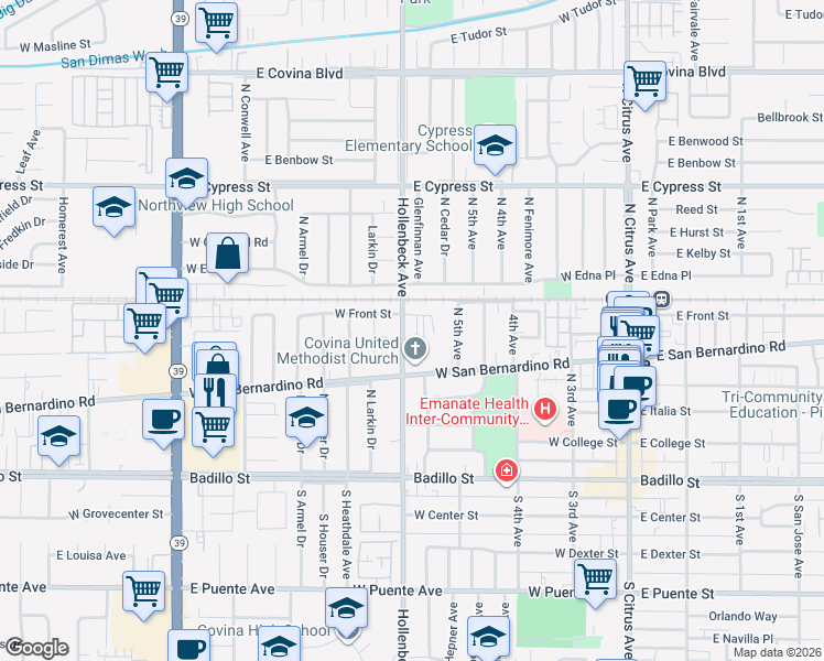 map of restaurants, bars, coffee shops, grocery stores, and more near 570 North Hollenbeck Avenue in Covina