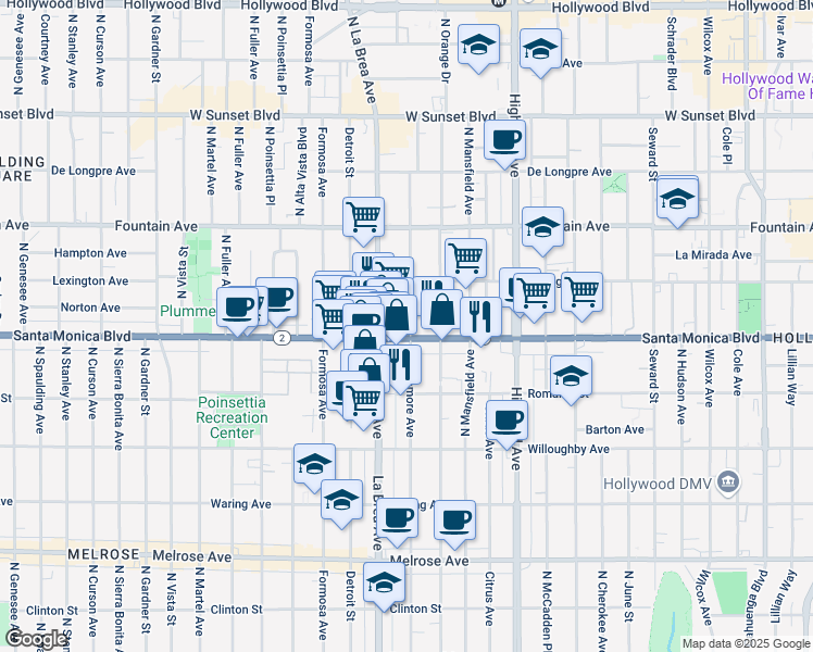 map of restaurants, bars, coffee shops, grocery stores, and more near 1105 North Sycamore Avenue in Los Angeles