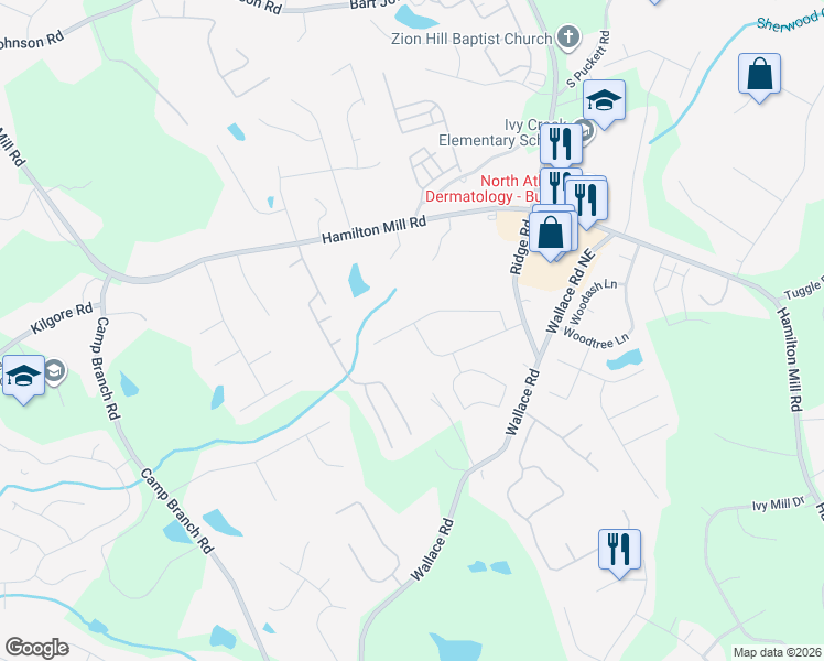 map of restaurants, bars, coffee shops, grocery stores, and more near 3025 Hampton Bay Cove Northeast in Buford