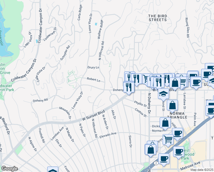 map of restaurants, bars, coffee shops, grocery stores, and more near 900 North Hillcrest Road in Beverly Hills
