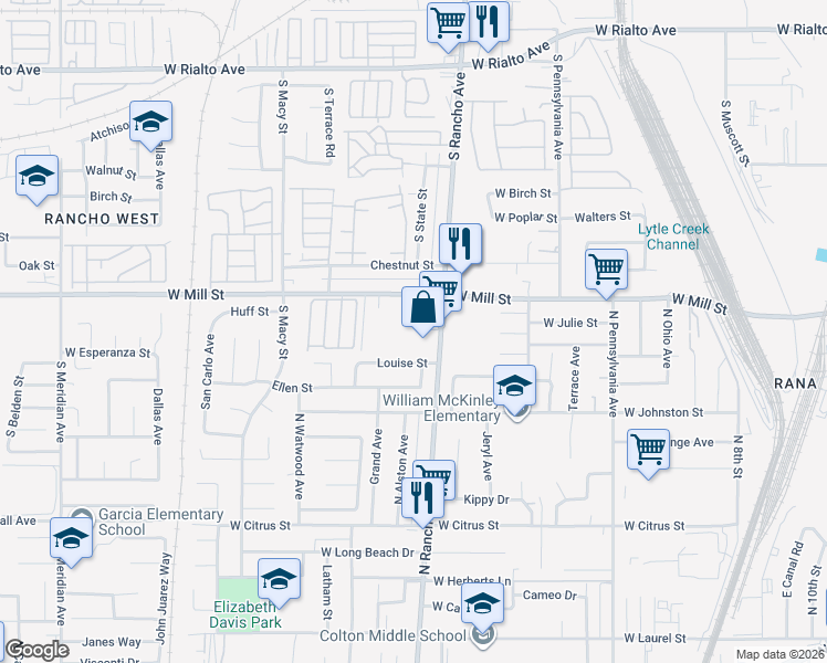 map of restaurants, bars, coffee shops, grocery stores, and more near 2001 North Rancho Avenue in Colton