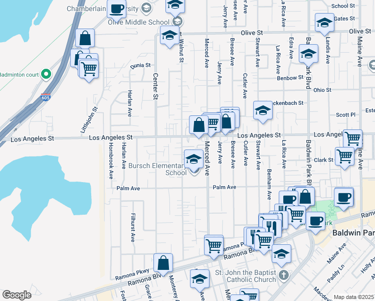 map of restaurants, bars, coffee shops, grocery stores, and more near 4304 Walnut Street in Baldwin Park