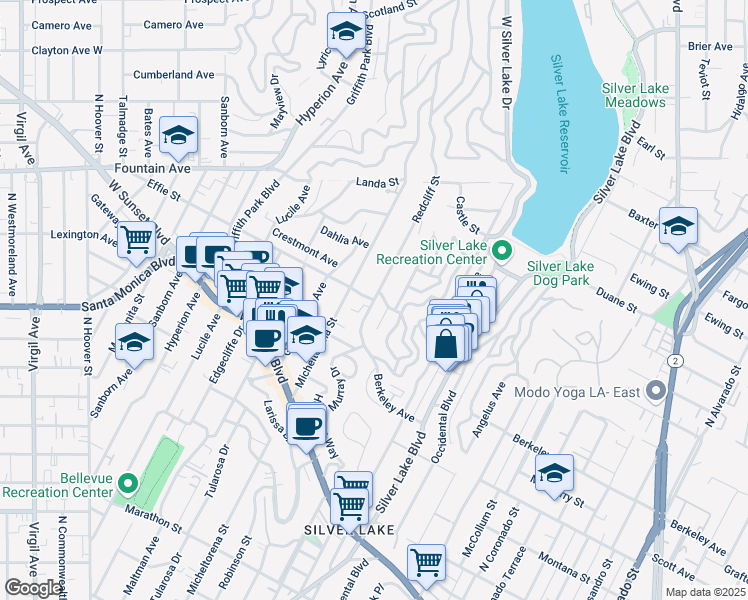map of restaurants, bars, coffee shops, grocery stores, and more near Effie Street & Redcliff Street in Los Angeles