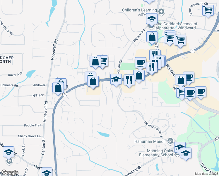 map of restaurants, bars, coffee shops, grocery stores, and more near 12703 Archmont Trace in Alpharetta