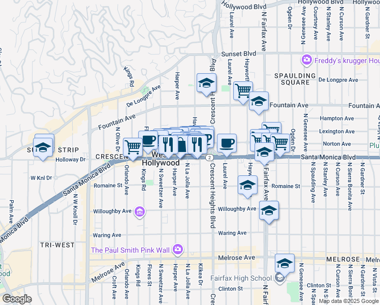 map of restaurants, bars, coffee shops, grocery stores, and more near 8224 Santa Monica Boulevard in West Hollywood