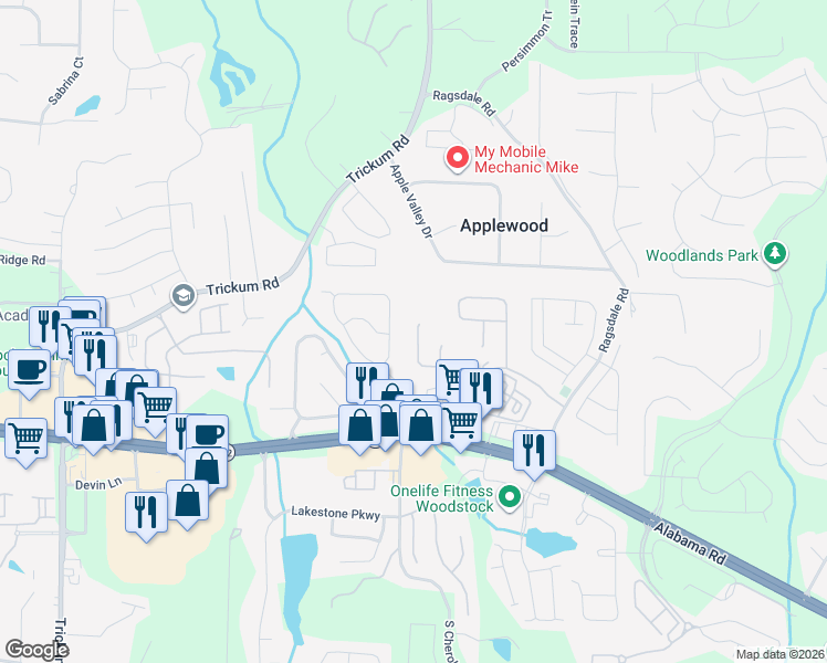 map of restaurants, bars, coffee shops, grocery stores, and more near 179 Village Trace in Woodstock