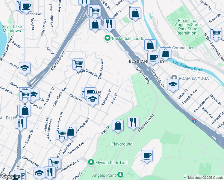 map of restaurants, bars, coffee shops, grocery stores, and more near 2222 Valentine Street in Los Angeles