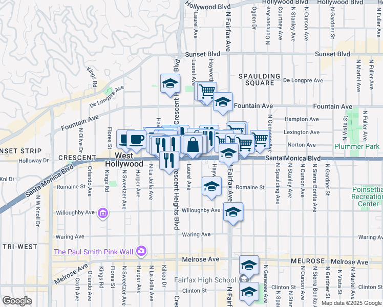 map of restaurants, bars, coffee shops, grocery stores, and more near in West Hollywood