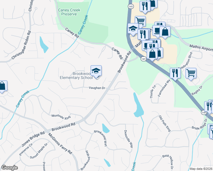 map of restaurants, bars, coffee shops, grocery stores, and more near 2910 Vaughan Drive in Cumming