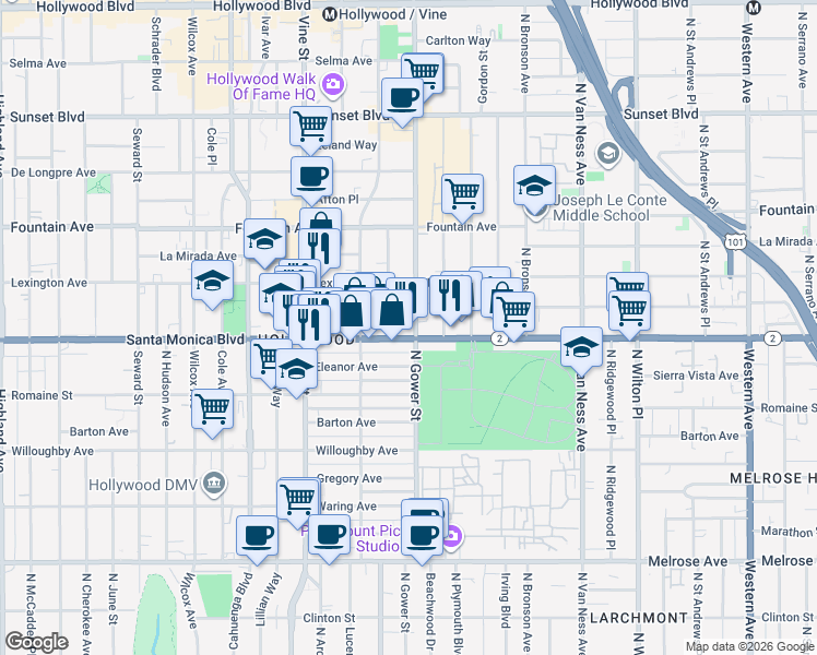 map of restaurants, bars, coffee shops, grocery stores, and more near in Los Angeles