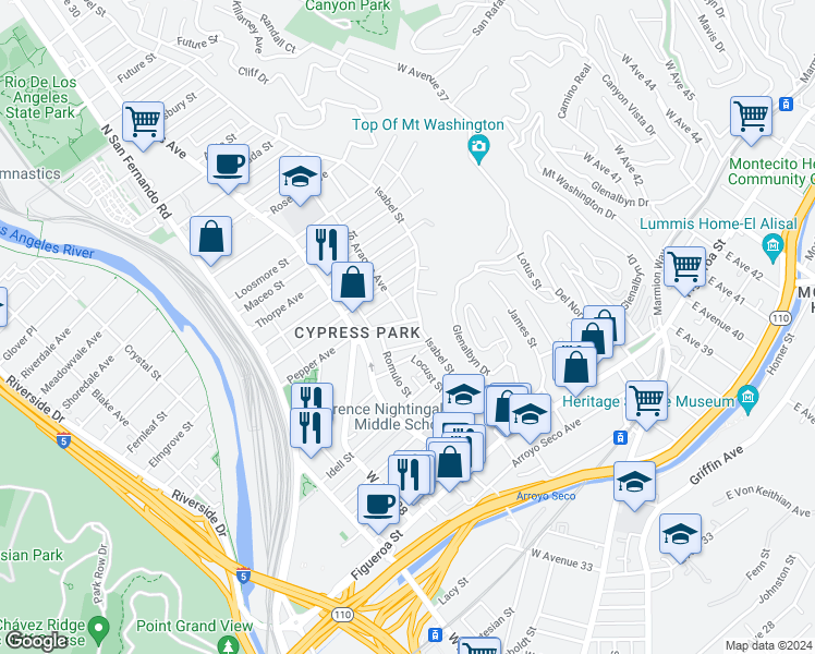 map of restaurants, bars, coffee shops, grocery stores, and more near 3356 Pepper Avenue in Los Angeles