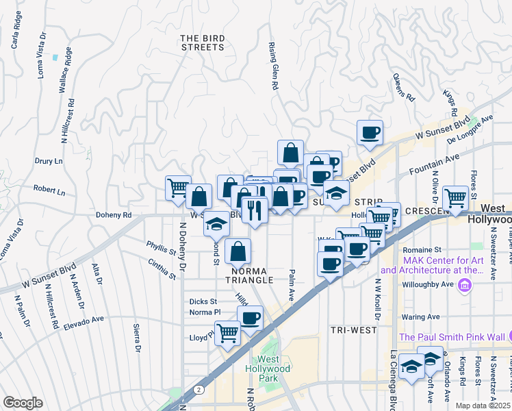 map of restaurants, bars, coffee shops, grocery stores, and more near 1114 North Clark Street in West Hollywood