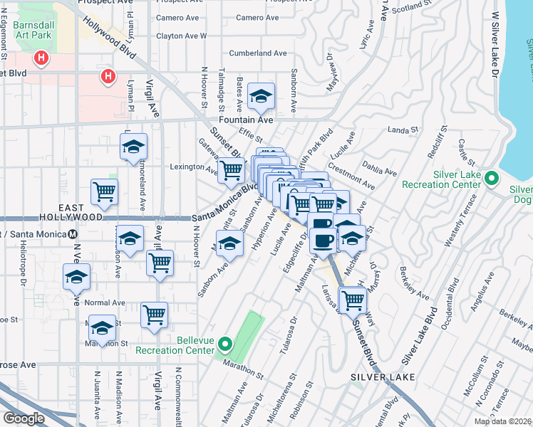 map of restaurants, bars, coffee shops, grocery stores, and more near 1016 Sanborn Avenue in Los Angeles
