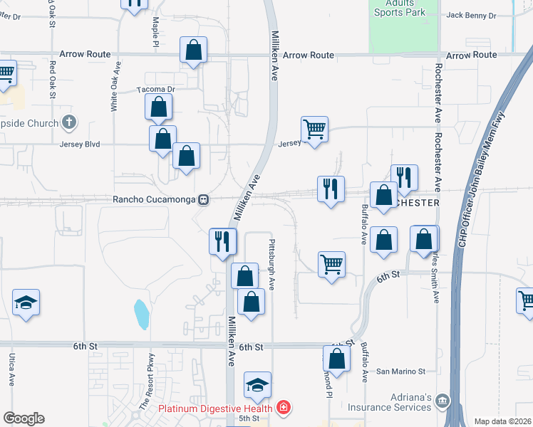 map of restaurants, bars, coffee shops, grocery stores, and more near 11400 Newport Drive in Rancho Cucamonga