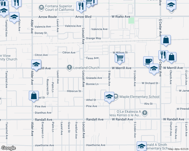 map of restaurants, bars, coffee shops, grocery stores, and more near 18183 Granada Avenue in Fontana