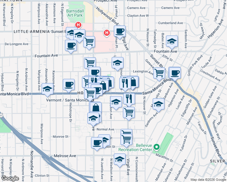 map of restaurants, bars, coffee shops, grocery stores, and more near 4591 Santa Monica Boulevard in Los Angeles