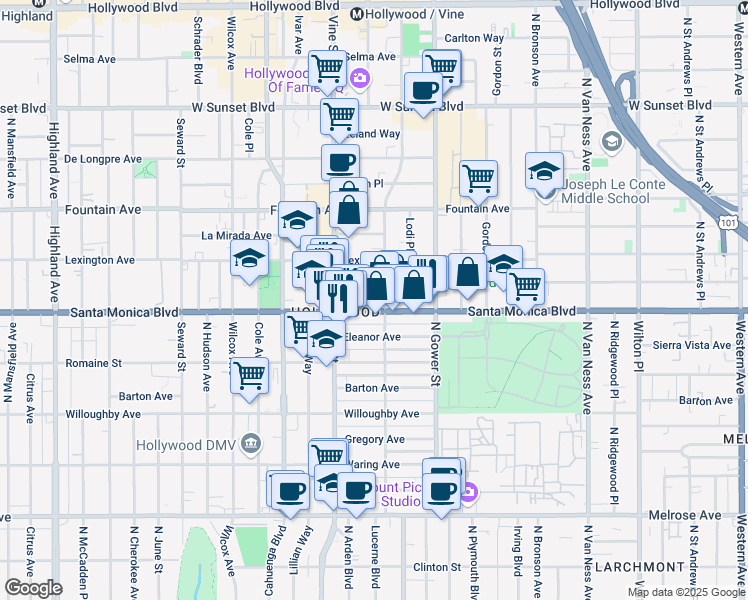 map of restaurants, bars, coffee shops, grocery stores, and more near 1076 North El Centro Avenue in Los Angeles
