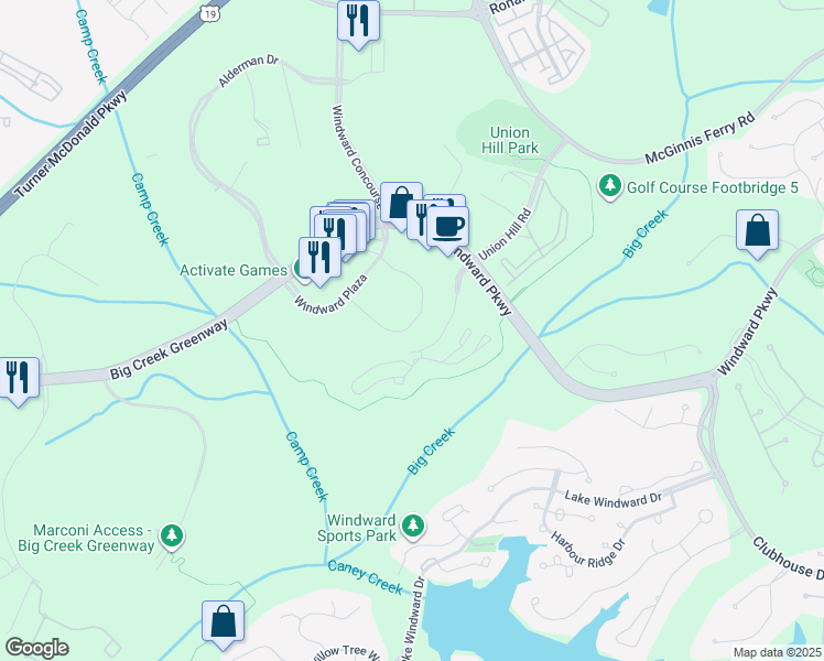 map of restaurants, bars, coffee shops, grocery stores, and more near 4005 Market Place in Alpharetta