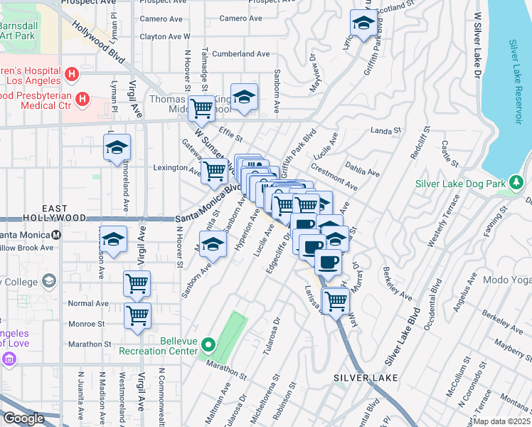 map of restaurants, bars, coffee shops, grocery stores, and more near 3814 Sunset Boulevard in Los Angeles