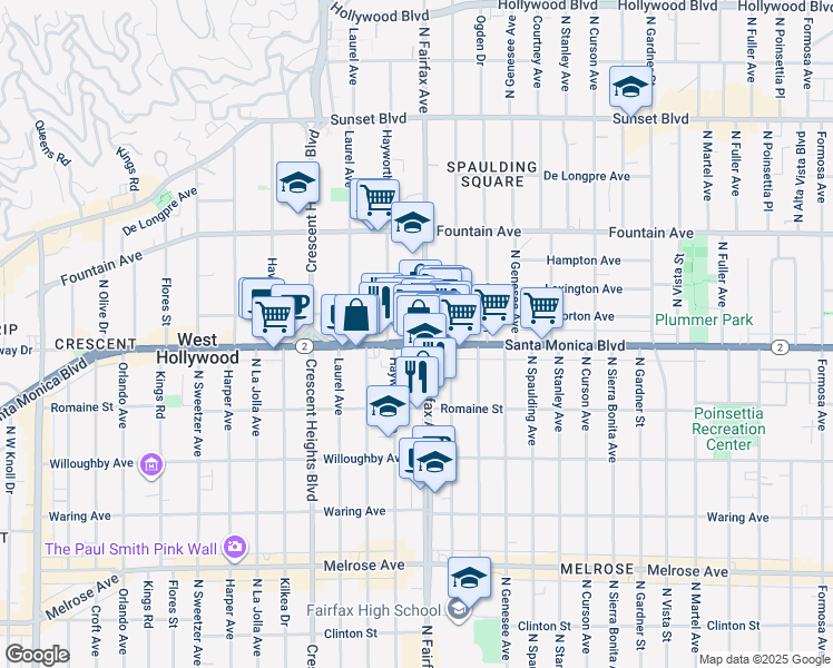 map of restaurants, bars, coffee shops, grocery stores, and more near in West Hollywood