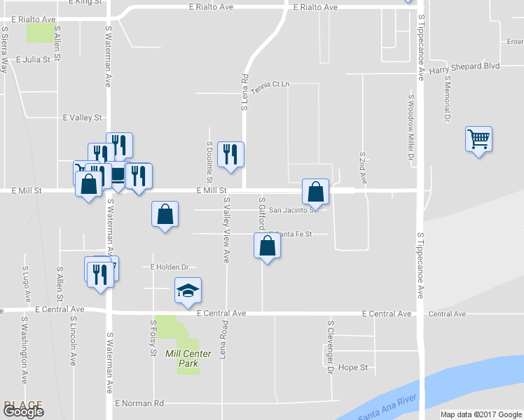 map of restaurants, bars, coffee shops, grocery stores, and more near San Jacinto Street in San Bernardino