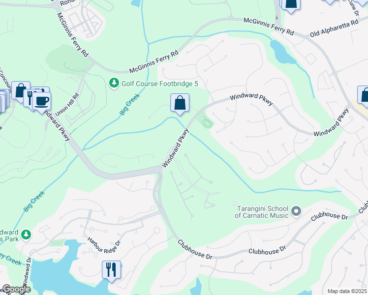 map of restaurants, bars, coffee shops, grocery stores, and more near 10 Club Court in Alpharetta