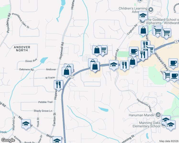 map of restaurants, bars, coffee shops, grocery stores, and more near 1022 Edgemont Drive in Alpharetta