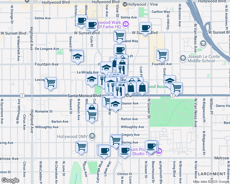 map of restaurants, bars, coffee shops, grocery stores, and more near 6301 California 2 in Los Angeles