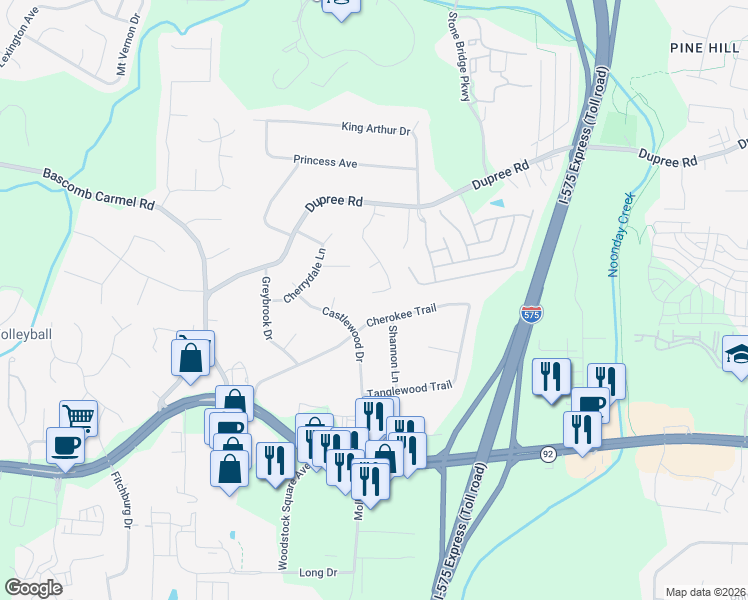 map of restaurants, bars, coffee shops, grocery stores, and more near 2015 Cherokee Trail in Woodstock