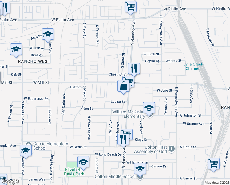 map of restaurants, bars, coffee shops, grocery stores, and more near 865 Louise Street in Colton