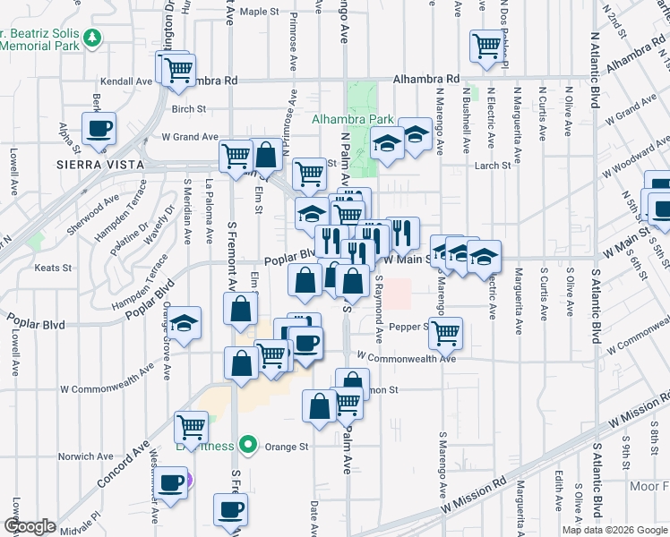map of restaurants, bars, coffee shops, grocery stores, and more near 2120 West Main Street in Alhambra