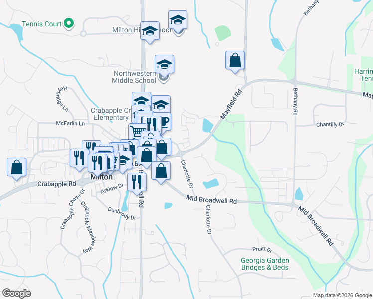 map of restaurants, bars, coffee shops, grocery stores, and more near 875 Mayfield Road in Alpharetta