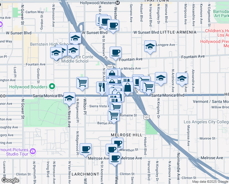 map of restaurants, bars, coffee shops, grocery stores, and more near 1111 North Western Avenue in Los Angeles