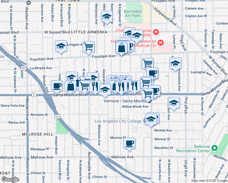 map of restaurants, bars, coffee shops, grocery stores, and more near 4954 Santa Monica Boulevard in Los Angeles