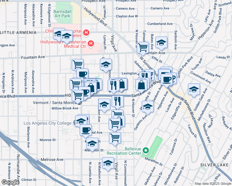 map of restaurants, bars, coffee shops, grocery stores, and more near in Los Angeles