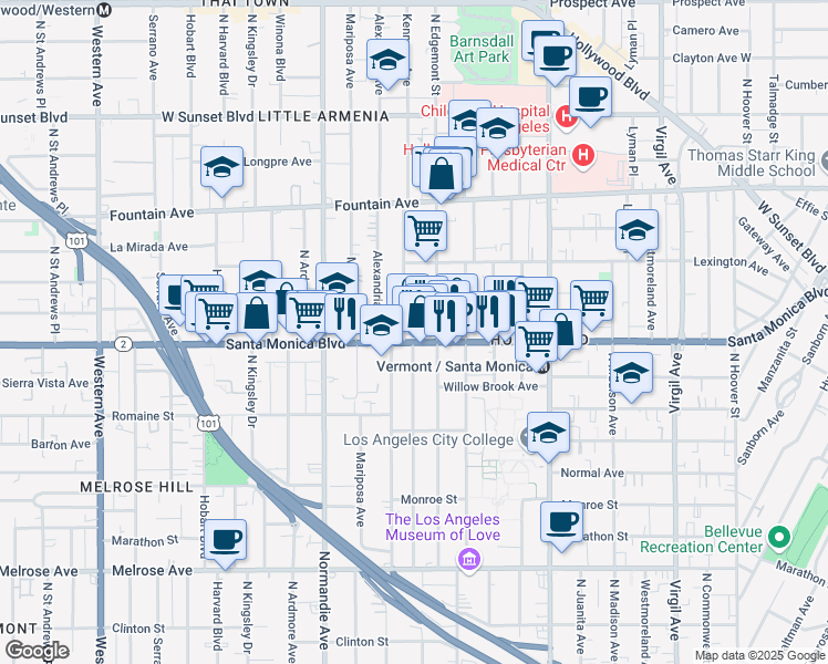 map of restaurants, bars, coffee shops, grocery stores, and more near 1108 North Kenmore Avenue in Los Angeles