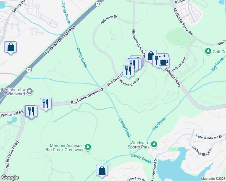 map of restaurants, bars, coffee shops, grocery stores, and more near 3015 Windward Plaza in Alpharetta