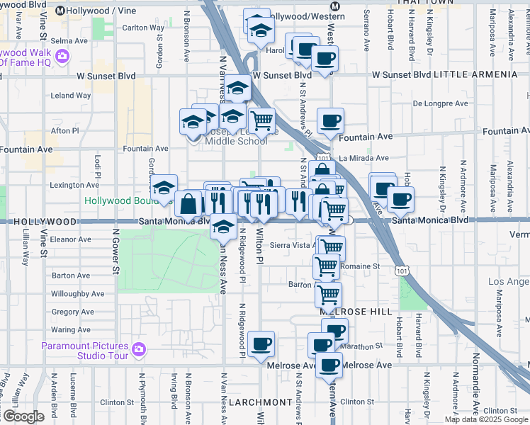 map of restaurants, bars, coffee shops, grocery stores, and more near 5708 Santa Monica Boulevard in Los Angeles