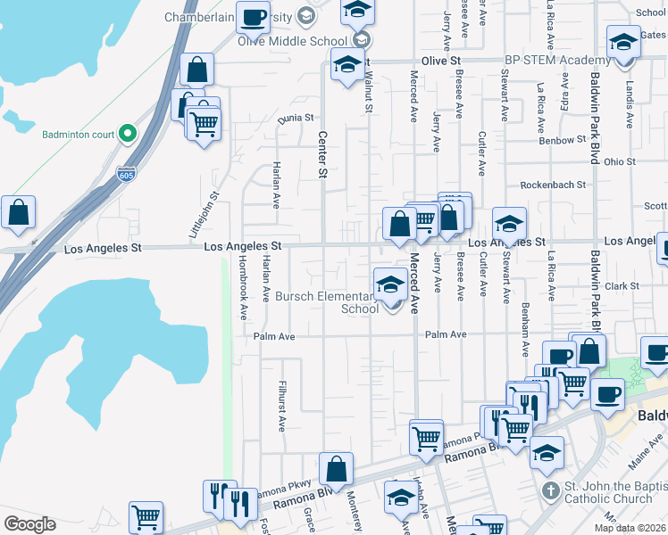 map of restaurants, bars, coffee shops, grocery stores, and more near 4324 Center Street in Baldwin Park